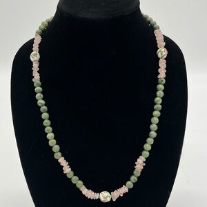 Vintage Jade & Rose Quartz Beaded Necklace – Cloisonné Floral Beads‎